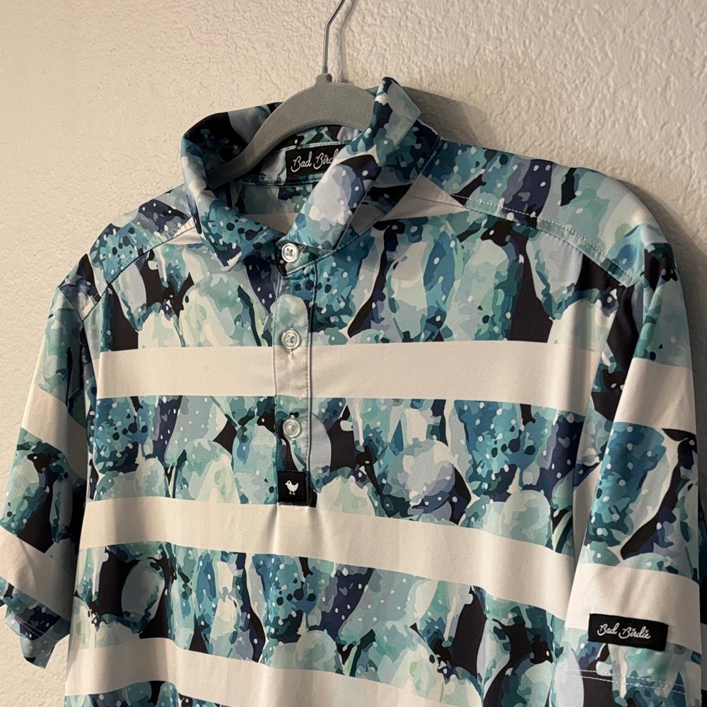Bad Birdie Aqua and Navy Patterned Performance Polo